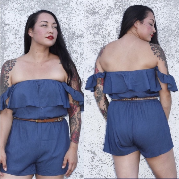 Off the shoulder Chambray Romper - Picture 4 of 4
